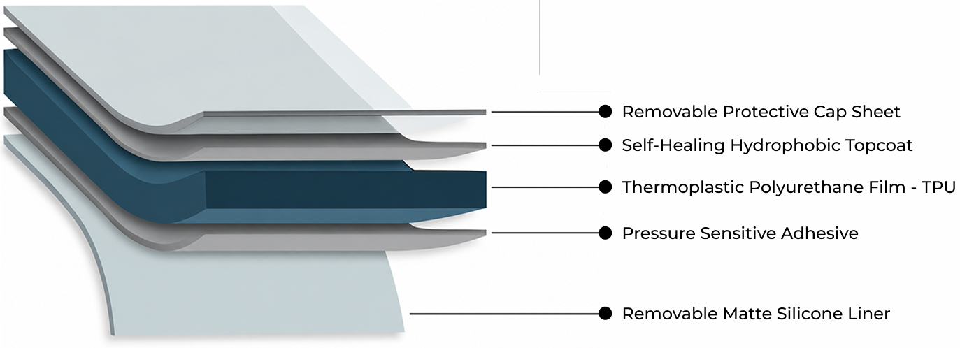 Cross-section of Cosmo PPF Platinum film layers: removable protective cap sheet, self-healing hydrophobic topcoat, thermoplastic polyurethane film (TPU), pressure sensitive adhesive, and removable matte silicone liner